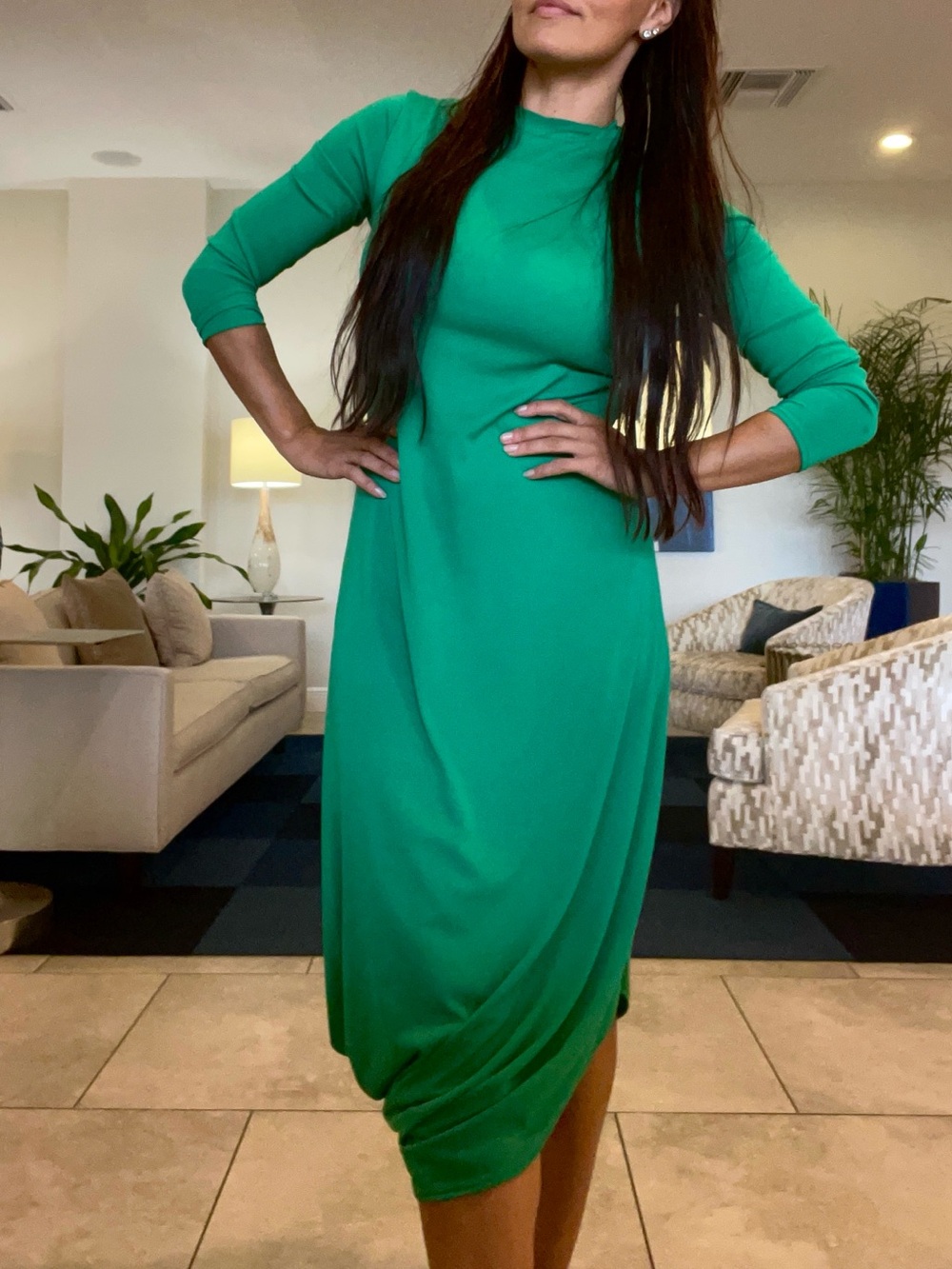 Zara Green Sheath Dress with Long Sleeves and Mock Neck
